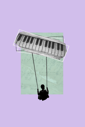 collage of someone swinging from piano keycaps